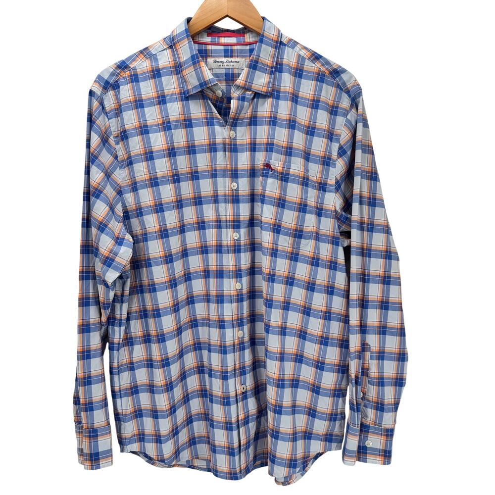 Tommy Bahama Shirt Mens Large The Siesta Key Button Up Blue Peach Plaid Coastal